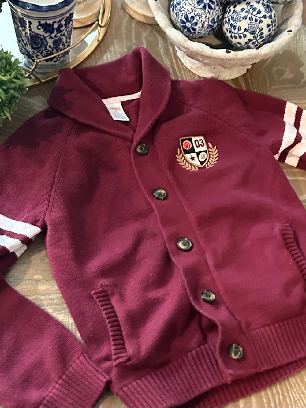 Gymboree Burgundy Button Up Cardigan Sweater Varsity Football Basketball Crest